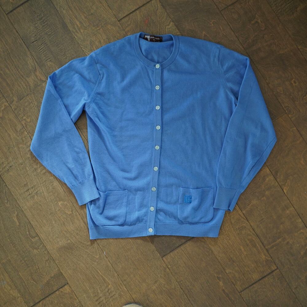 VTG Pierre Balmain Cardigan Small Wool Blend Blue Logo Long Sleeve Button Front